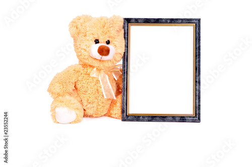 Beige toy teddy bear with frame for baby photography