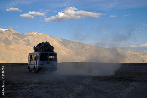 Bus on the way to the Moriri Lake, Ladakh, India