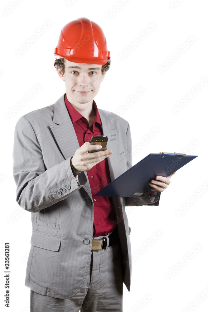 smiling engineer with phone smiling engineer with phone