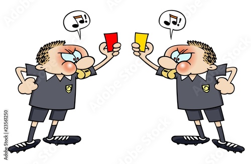 Two soccer referees holding up a red card and a yellow card