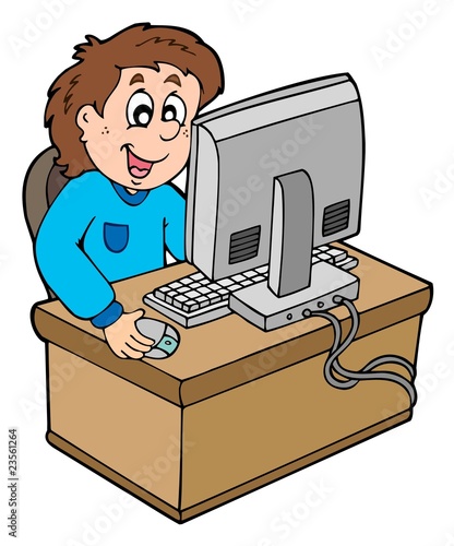 Cartoon boy working with computer