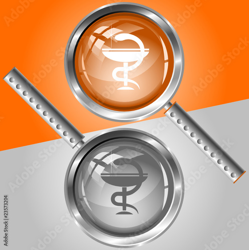 Pharma symbol. Vector magnifying glass.