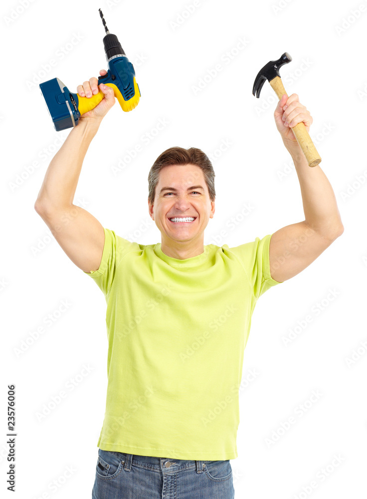 man with cordless drill and hammer man with cordless drill and hammer