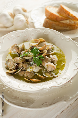 clam soup on dish - zuppa di vongole
