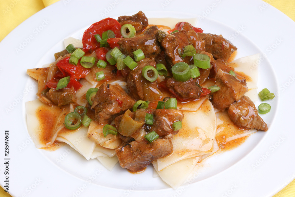 Nudeln mit Schweinegulasch und Lauchzwiebeln Nudeln mit Schweinegulasch und Lauchzwiebeln