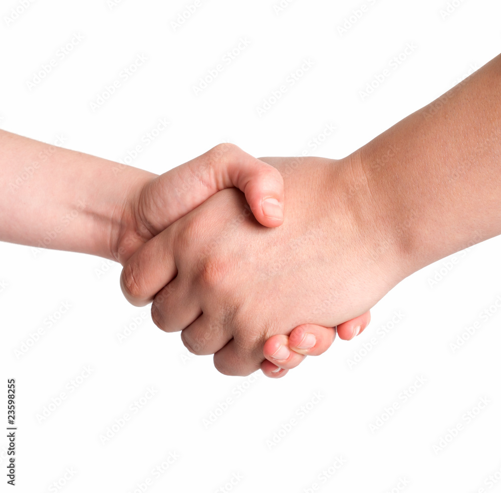 Man and woman handshake isolated on white background Man and woman handshake isolated on white background