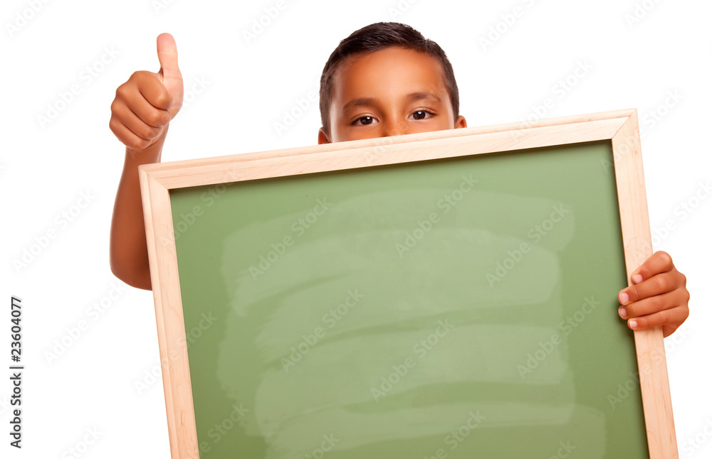 Cute Hispanic Boy Holding Blank Chalkboard