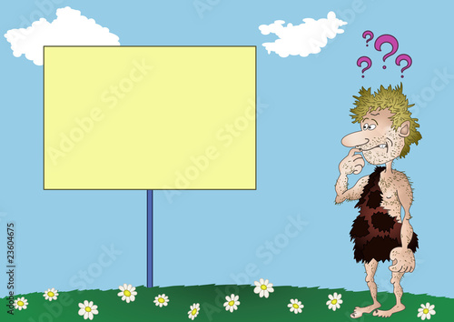 Prehistoric man with the poster