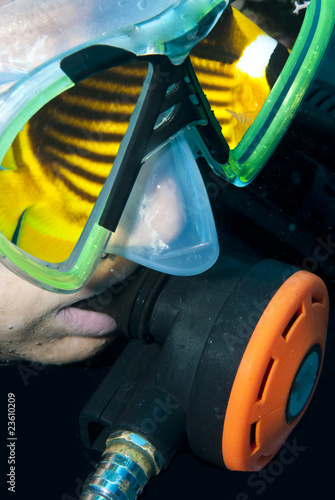 Photos scuba divers face, mask and fish reflection