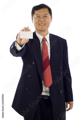 senior Asian businessman dispalying his business card photo