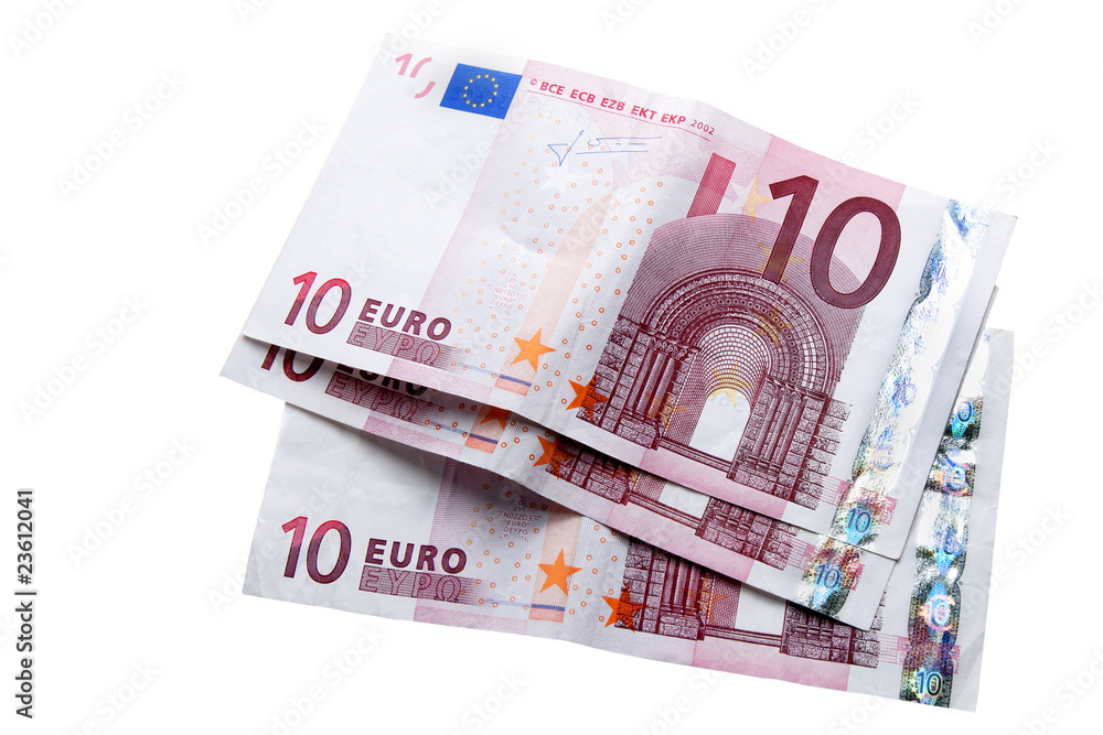 three bills in ten euros isolated on a white background three bills in ten euros isolated on a white background