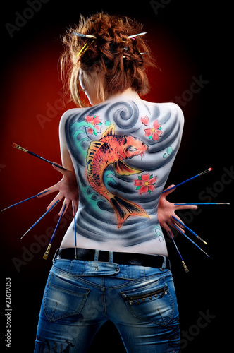 The girl and the red carp (body art)