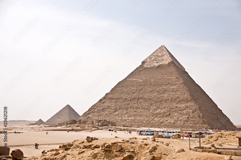 Ancient Egyptian pyramid of Giza against blue sky