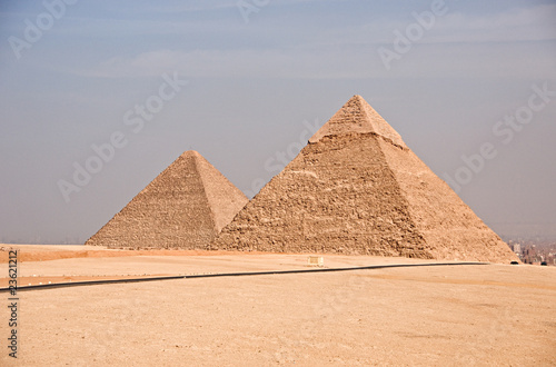 Ancient Egyptian pyramid of Giza against blue sky