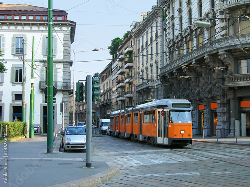 Milan street with orange tram