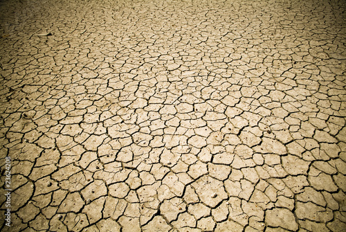 Badly cracked earth under a scorching sun in drought as background texture for climate change or global warming concept