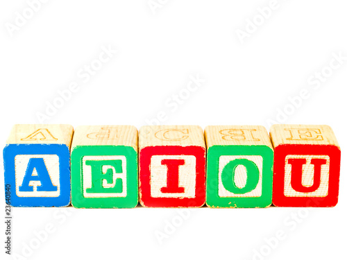 Colorful Alphabet Blocks With All of the Vowels photo