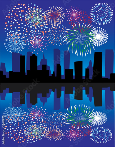 fireworks over city with reflection