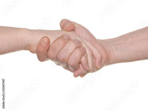 handshake. Men and woman hands isolated over white