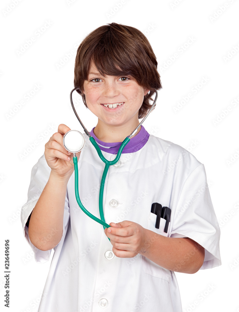 Adorable boy with clothes of doctor isolated on white Adorable boy with clothes of doctor isolated on white