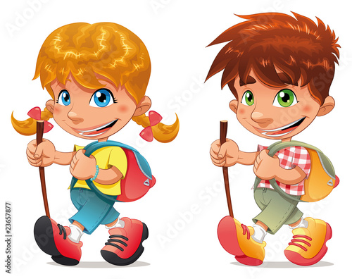 Trekking boy and girl. Vect...