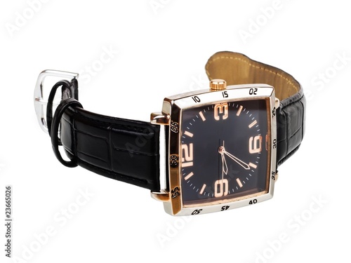 Valokuvatapetti Wrist watch with leather wristlet isolated on white