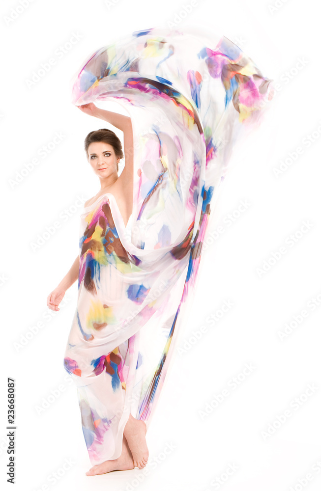 Photo of young woman in colored scarf on white Photo of young woman in colored scarf on white