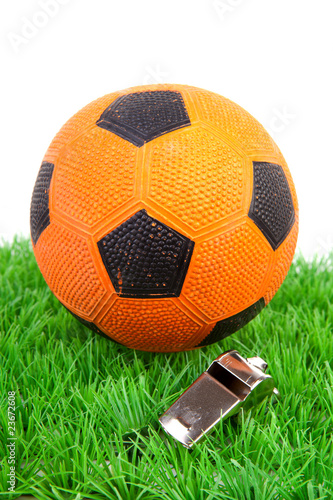 Orange soccer ball and flute on grass