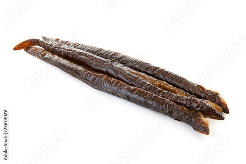 smoked eel over white background