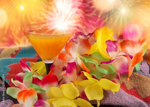 Hawaiian lei,cocktail and Fireworks photo