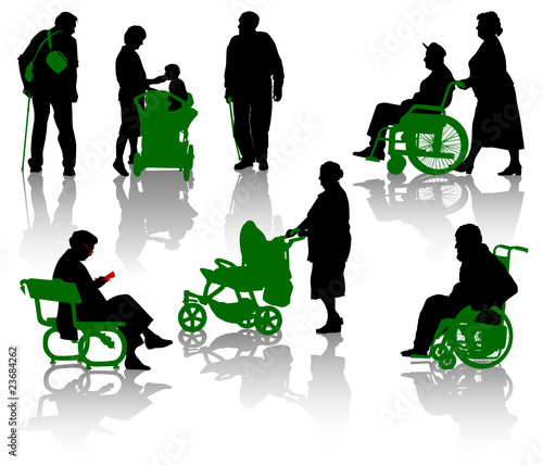 Silhouette of old and disabled people.