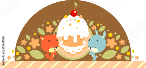 Rabbit and squirrel with cake