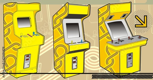 A selection of arcade machines in yellow.