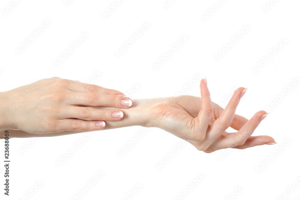 Beautiful hands with perfect nail french manicure.