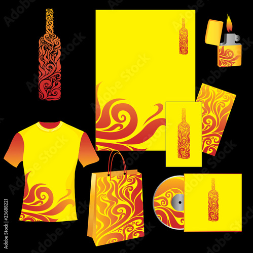 Vector set of yellow corporate templates with fire and bottle