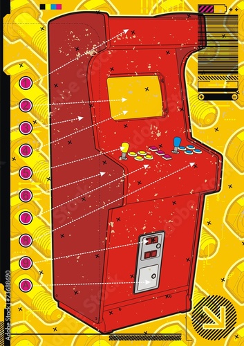 Red video arcade machine on a yellow screw background.