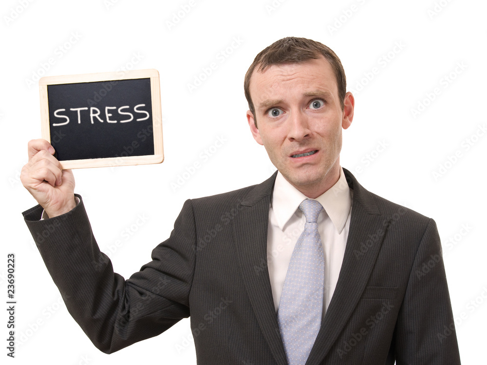 Man holding a blackboard with stress written Man holding a blackboard with stress written