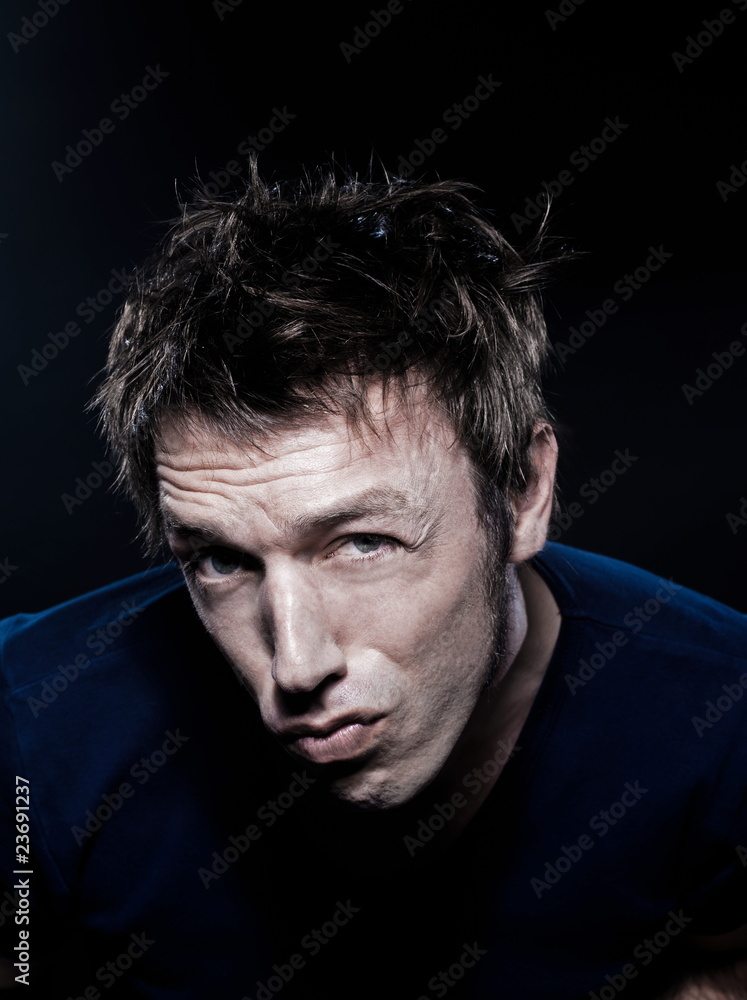 Funny Man Portrait frowning suspicion Funny Man Portrait frowning suspicion