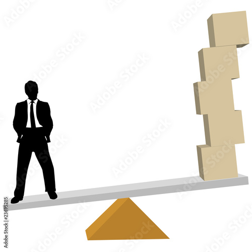 Business man weighs solutions to shipping boxes on scale