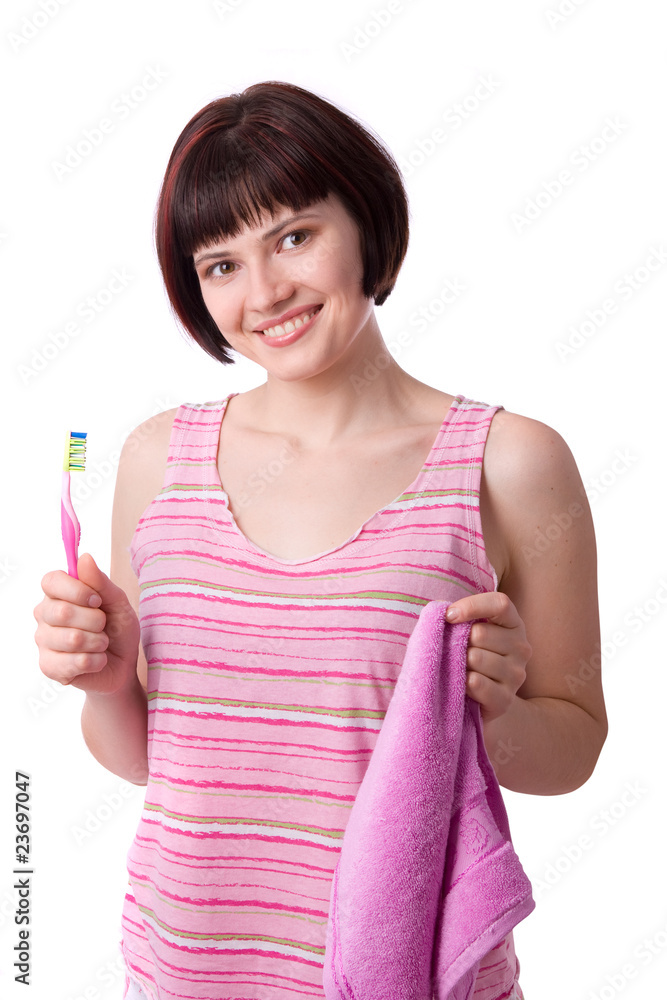 Woman cleaning her teeth.