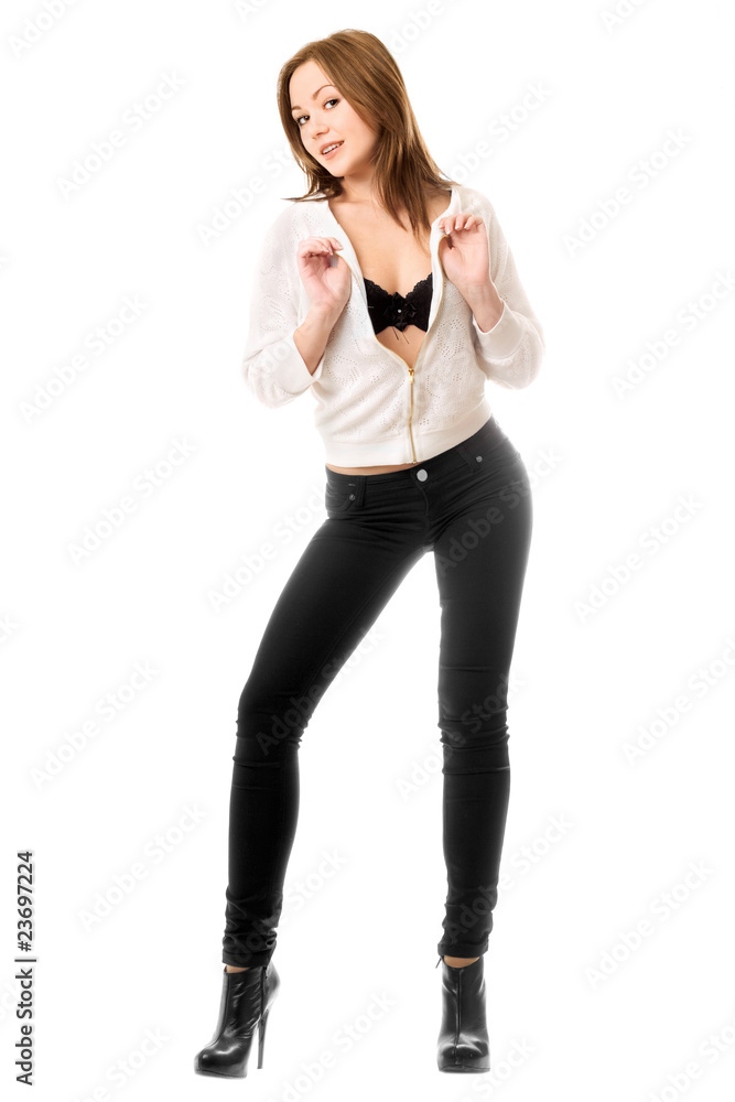 Fototapeta premium Pretty young woman in black tight jeans