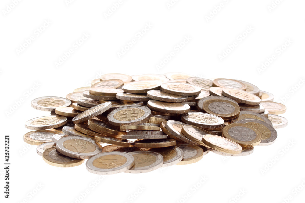 Heap of one and two euro coins isolated on white background Heap of one and two euro coins isolated on white background