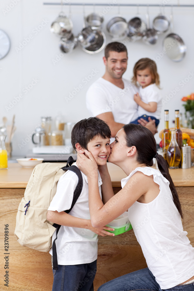 Attentive mother giving school lunch to her son