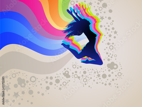 Silhouette of a woman jumping with the rainbow