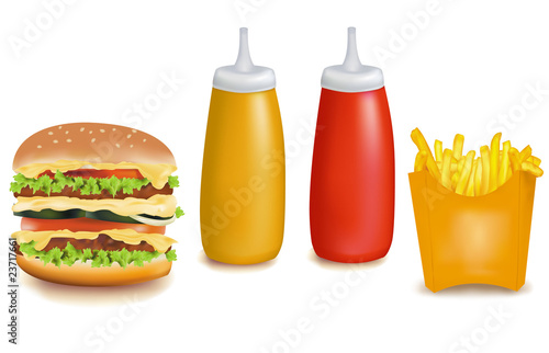 Group of fastfood products with ketchup and mustard. Vector.