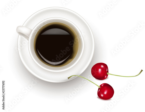 Top view of black coffee cup with cherries. Vector.