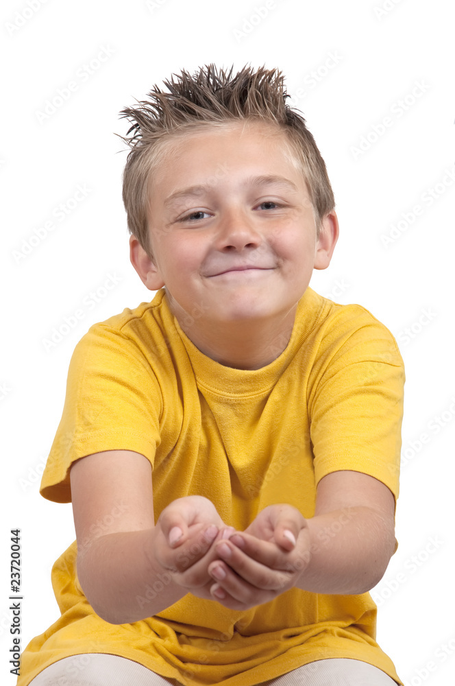 boy hold out hands, isoalated on white boy hold out hands, isoalated on white