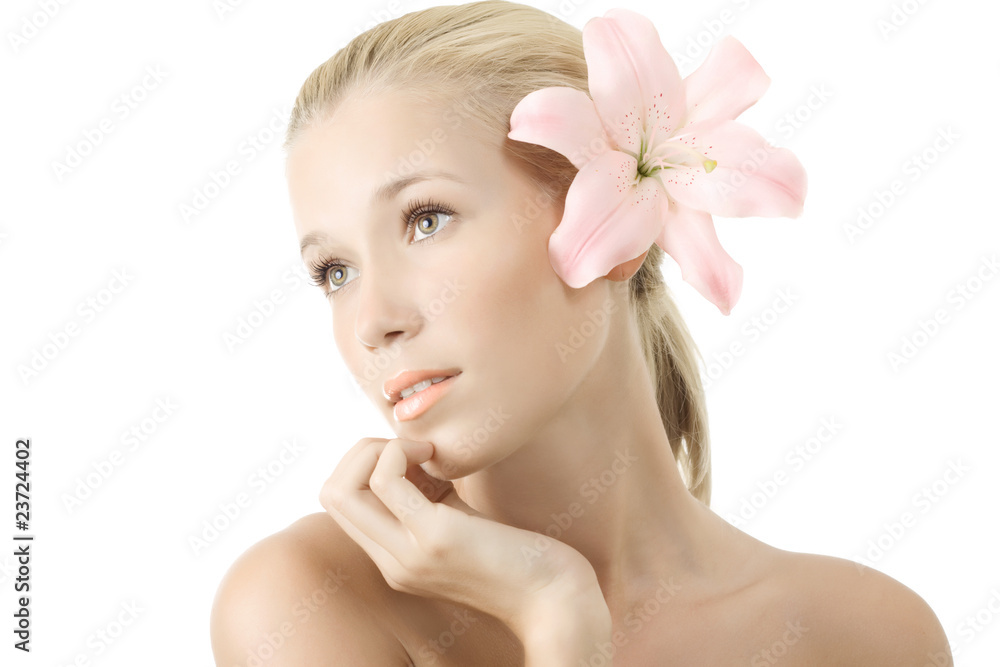 Beautiful young blonde woman with lily flower. Isolated on white Beautiful young blonde woman with lily flower. Isolated on white