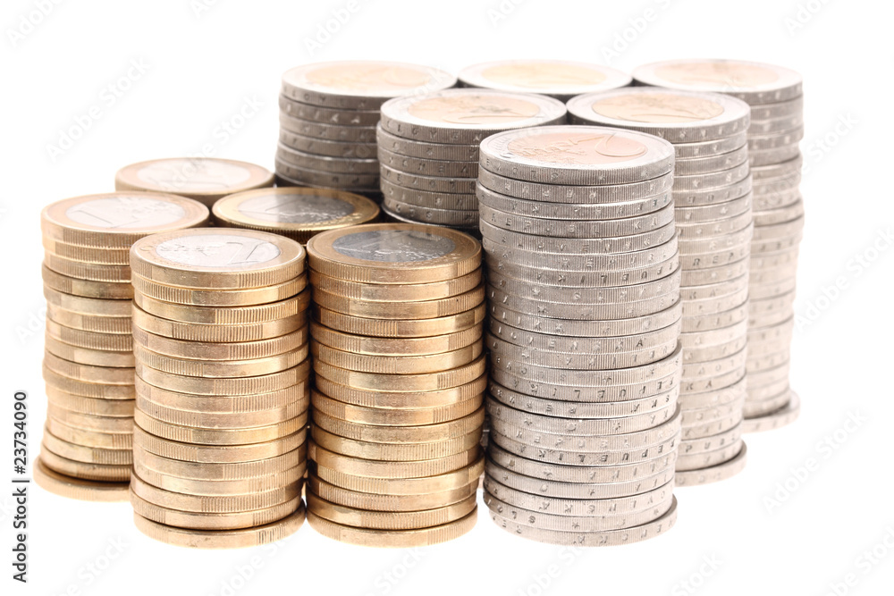 Arrow shaped euro coins pointing up isolated on white background Arrow shaped euro coins pointing up isolated on white background