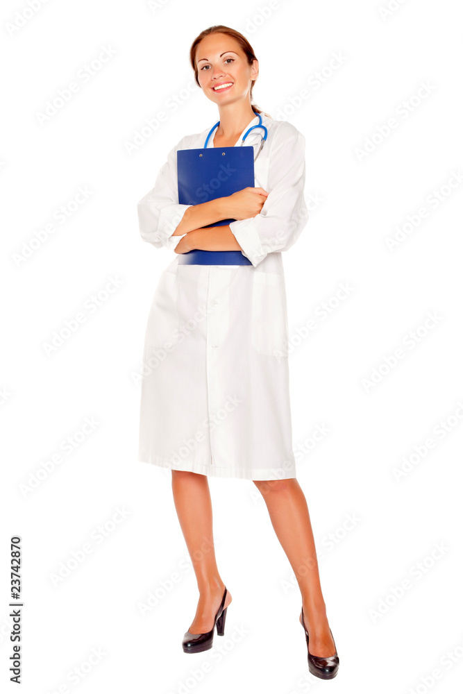 Attractive lady doctor with a blue clipboard Attractive lady doctor with a blue clipboard